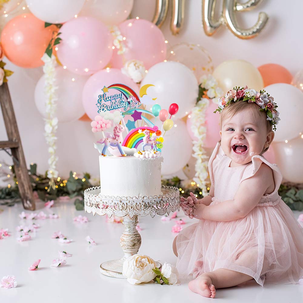 MOVINPE Unicorn Cake Topper Set — 2 Unicorns, Rainbow, Banner, Balloons, Clouds, Stars, Moon for 6-10 Inch Cakes