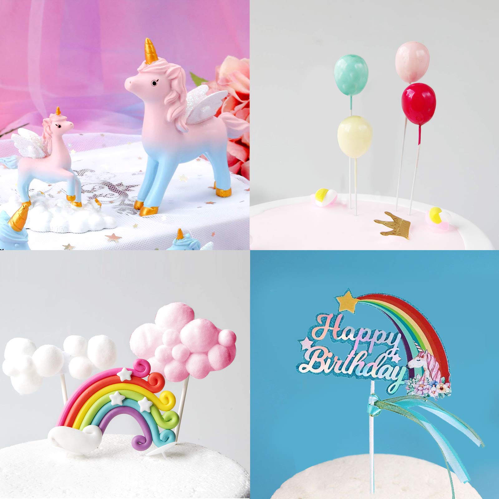 MOVINPE Unicorn Cake Topper Set — 2 Unicorns, Rainbow, Banner, Balloons, Clouds, Stars, Moon for 6-10 Inch Cakes
