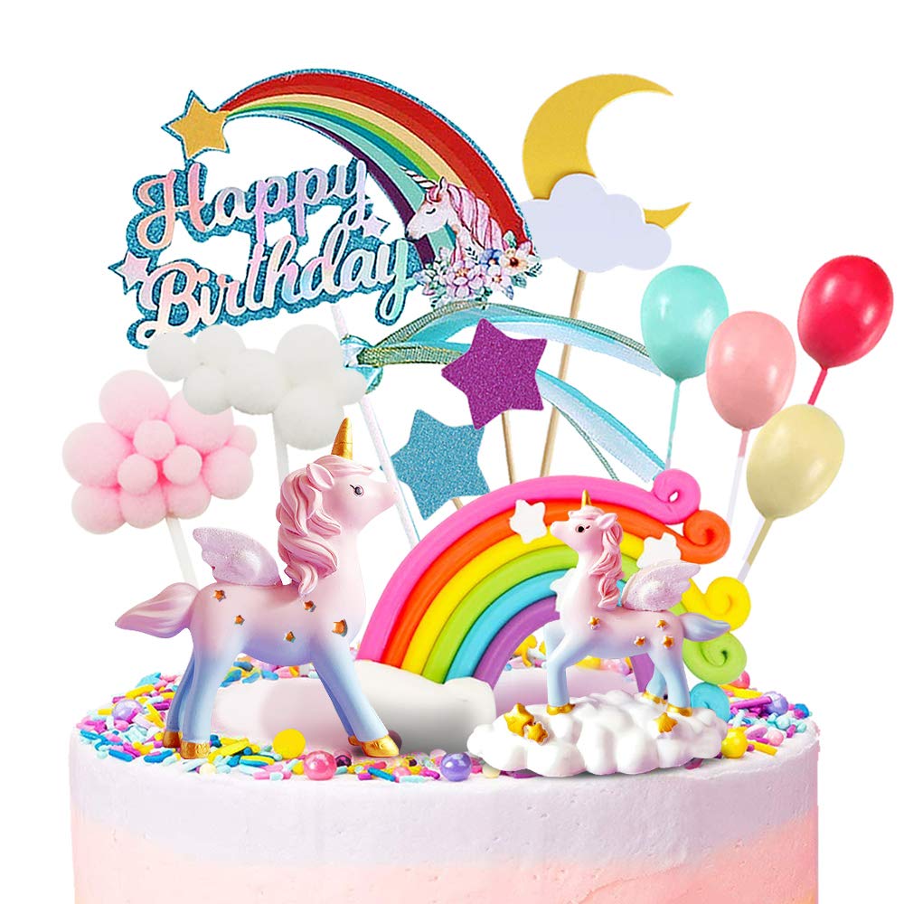 MOVINPE Unicorn Cake Topper Set — 2 Unicorns, Rainbow, Banner, Balloons, Clouds, Stars, Moon for 6-10 Inch Cakes
