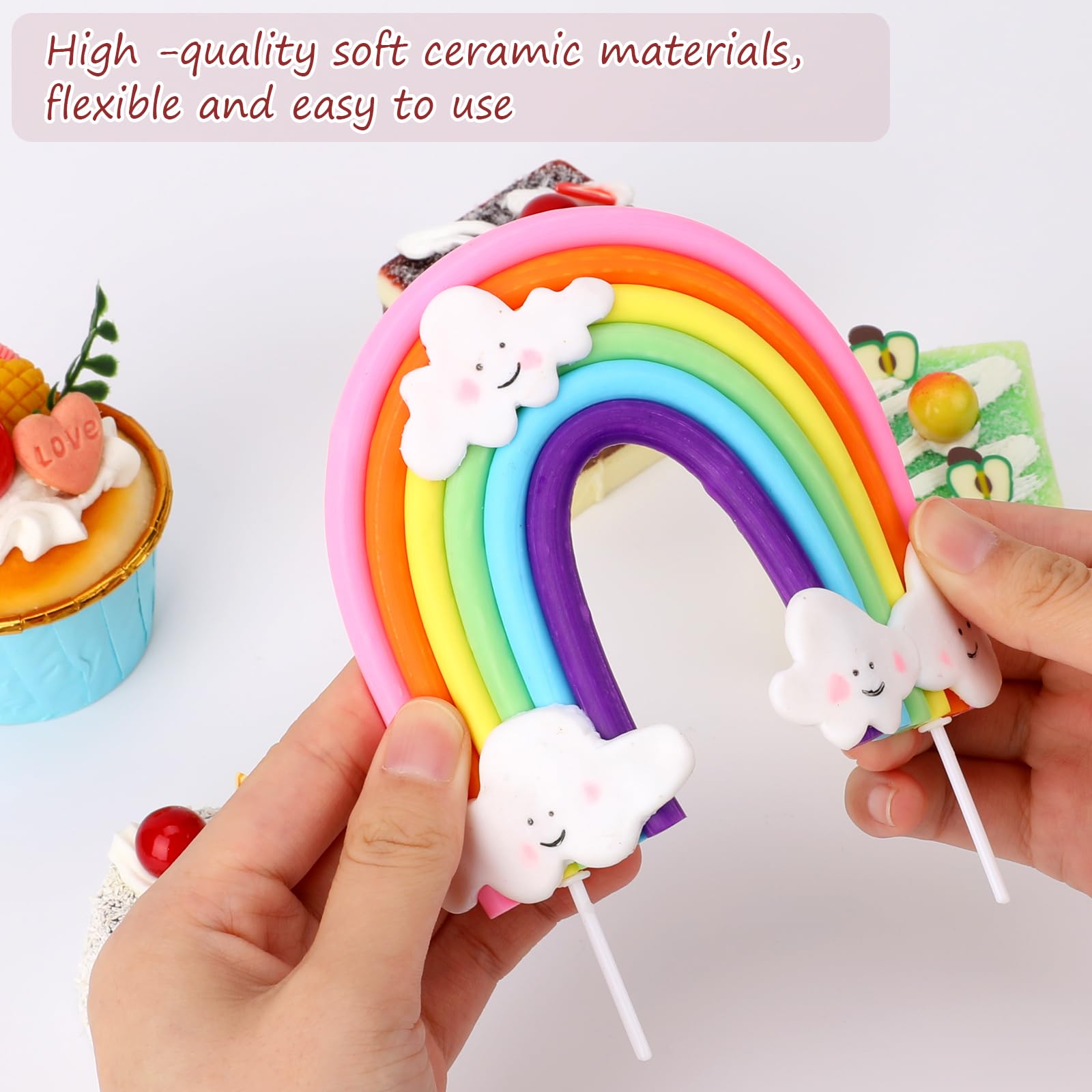 Mozeat Lens Soft Pottery Rainbow Cake Topper - Colorful Rainbow Theme Decor for Birthday & Wedding