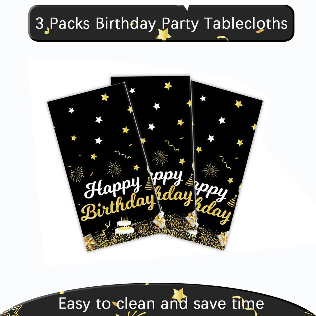 MRJ 3 Pack Gold and Black Happy Birthday Tablecloths 54x108 – Star Table Cover