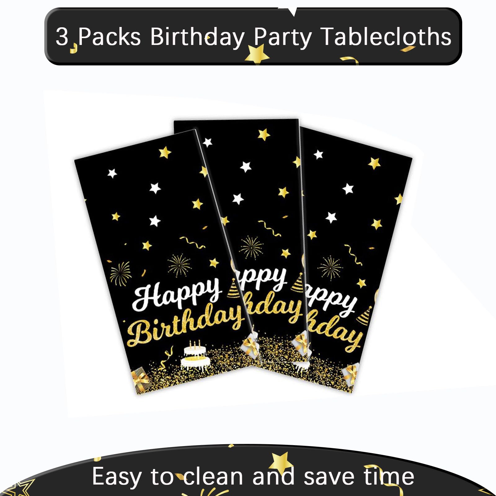 MRJ 3 Pack Gold and Black Happy Birthday Tablecloths 54x108 – Star Table Cover