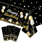 MRJ 3 Pack Gold and Black Happy Birthday Tablecloths 54x108 – Star Table Cover