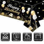 MRJ 3 Pack Gold and Black Happy Birthday Tablecloths 54x108 – Star Table Cover