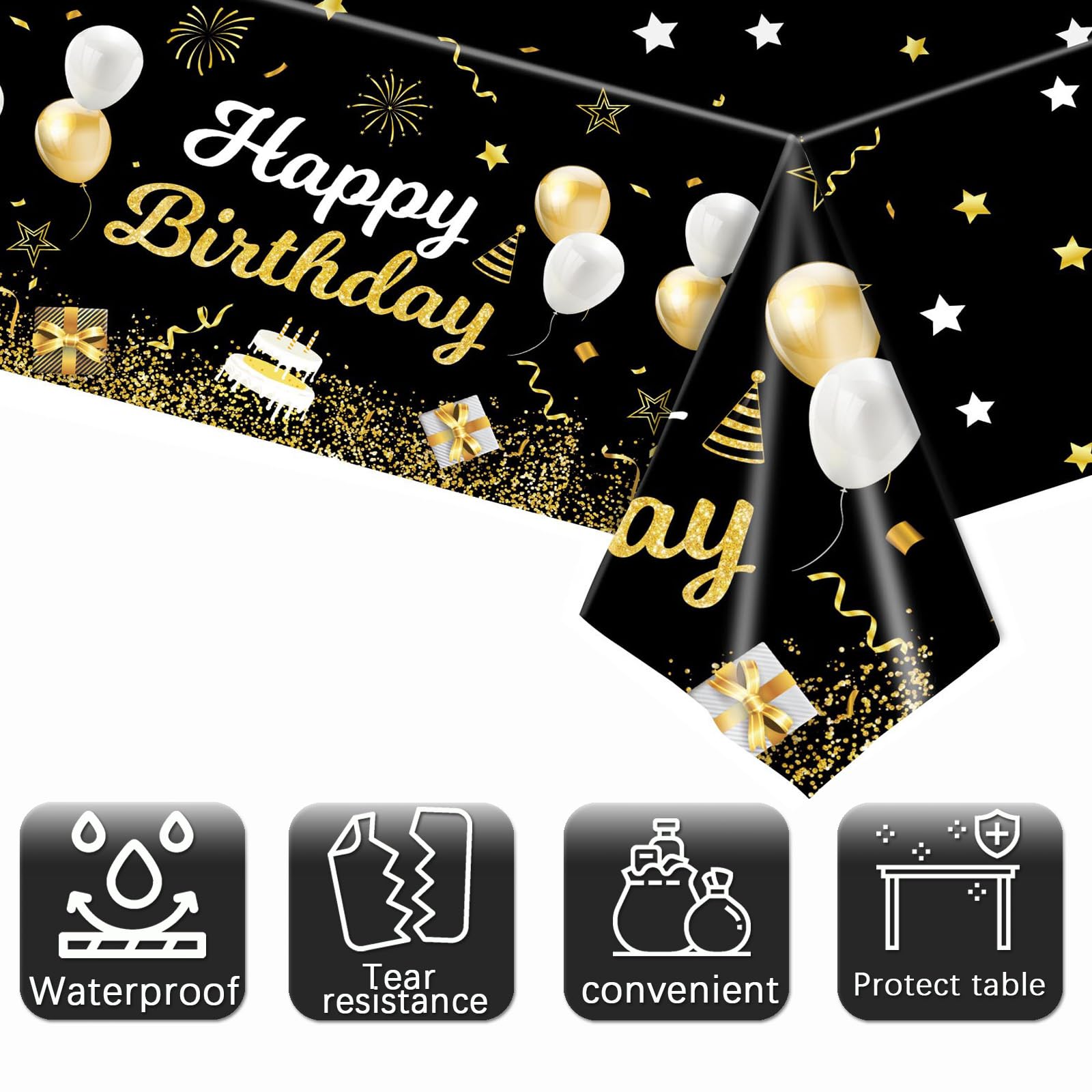 MRJ 3 Pack Gold and Black Happy Birthday Tablecloths 54x108 – Star Table Cover
