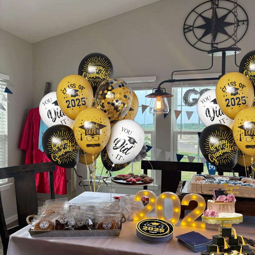 Msiveavz 50 Pack Graduation Balloons Set - Black Gold 12 Inch for 2025 Grad Party