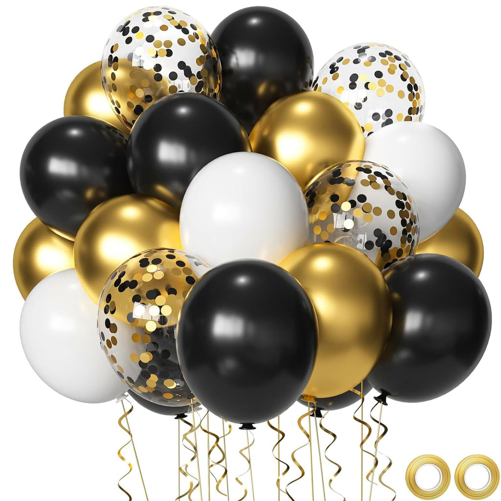 Msiveavz Black White Gold Party Balloons – 50 Pcs 12in Latex Balloons for Weddings, Graduations & Celebrations