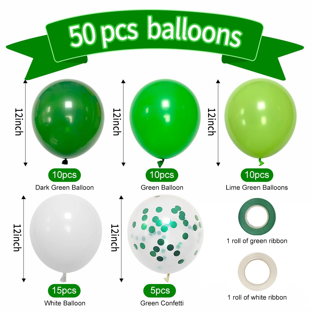 Msiveavz Green Balloons Set - 50 Pcs 12in Emerald & Lime Confetti Latex for Jungle Safari Party & St. Patrick's Day