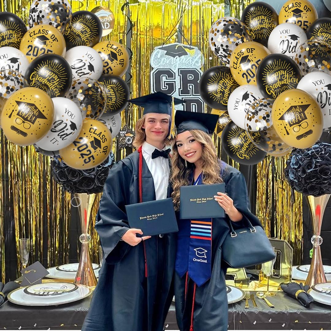 Msiveavz 50 Pack Graduation Balloons Set - Black Gold 12 Inch for 2025 Grad Party