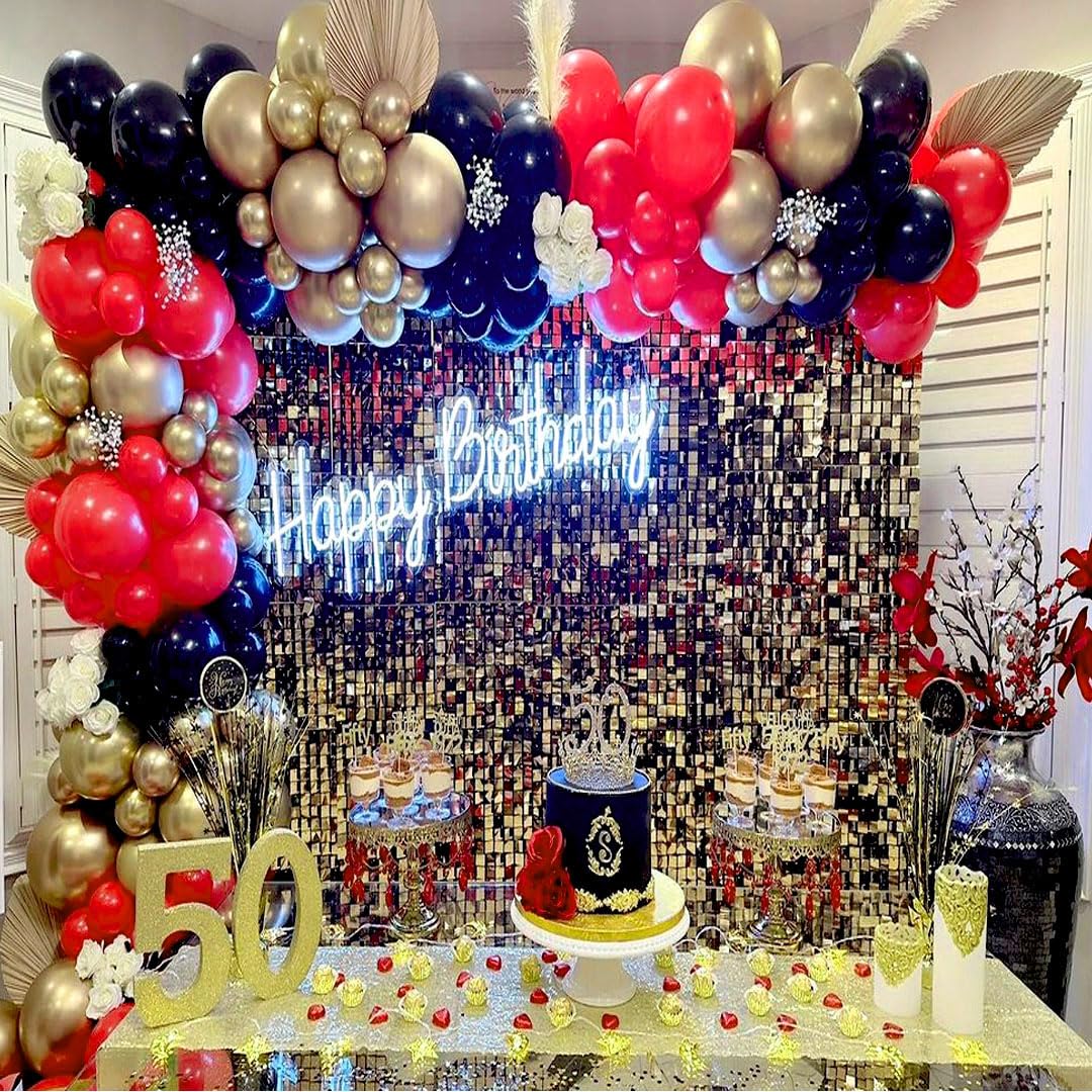 Msiveavz Red Black Gold Party Balloons – 50 Pcs 12 Inch Latex Set for Graduation, Weddings & More