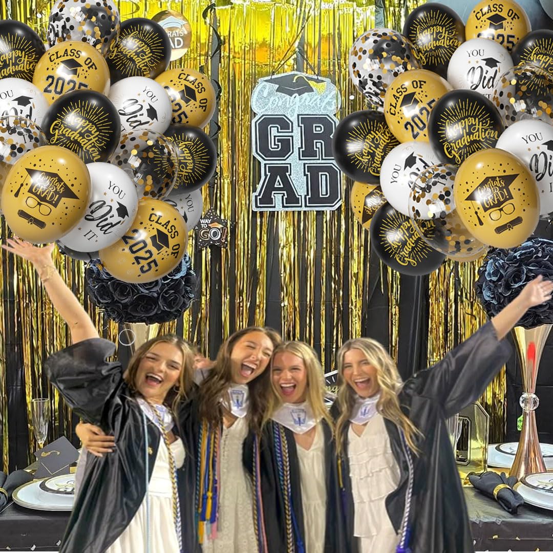 Msiveavz 50 Pack Graduation Balloons Set - Black Gold 12 Inch for 2025 Grad Party
