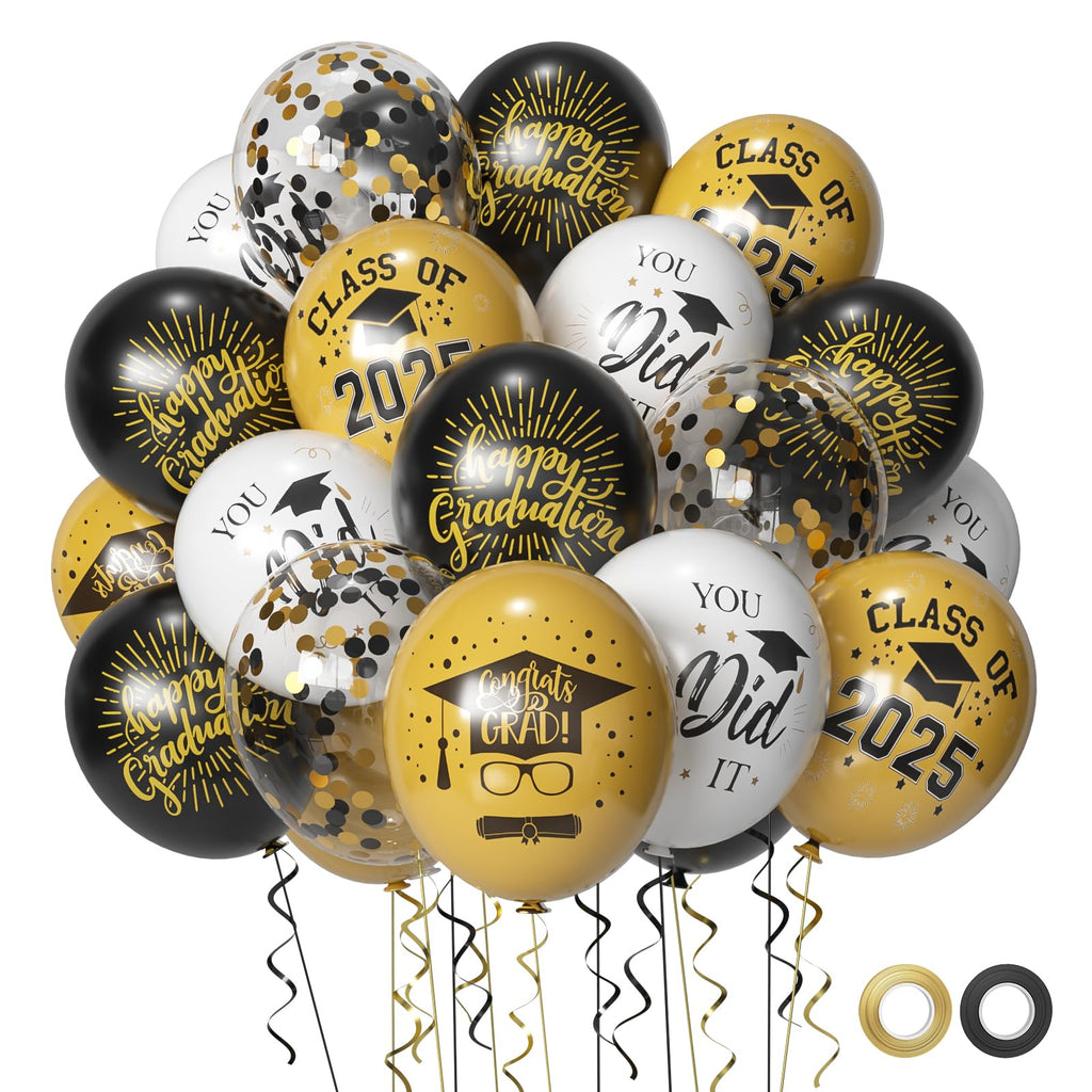 Msiveavz 50 Pack Graduation Balloons Set - Black Gold 12 Inch for 2025 Grad Party