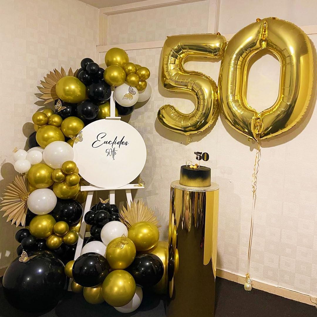 Msiveavz Black White Gold Party Balloons – 50 Pcs 12in Latex Balloons for Weddings, Graduations & Celebrations