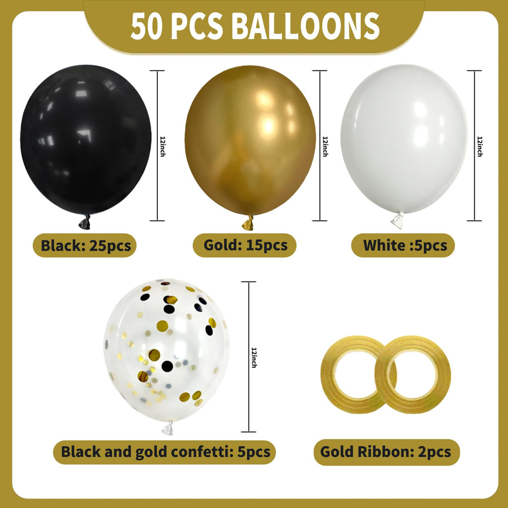 Msiveavz Black White Gold Party Balloons – 50 Pcs 12in Latex Balloons for Weddings, Graduations & Celebrations