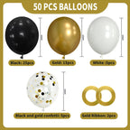 Msiveavz Black White Gold Party Balloons – 50 Pcs 12in Latex Balloons for Weddings, Graduations & Celebrations