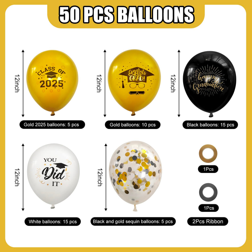 Msiveavz 50 Pack Graduation Balloons Set - Black Gold 12 Inch for 2025 Grad Party