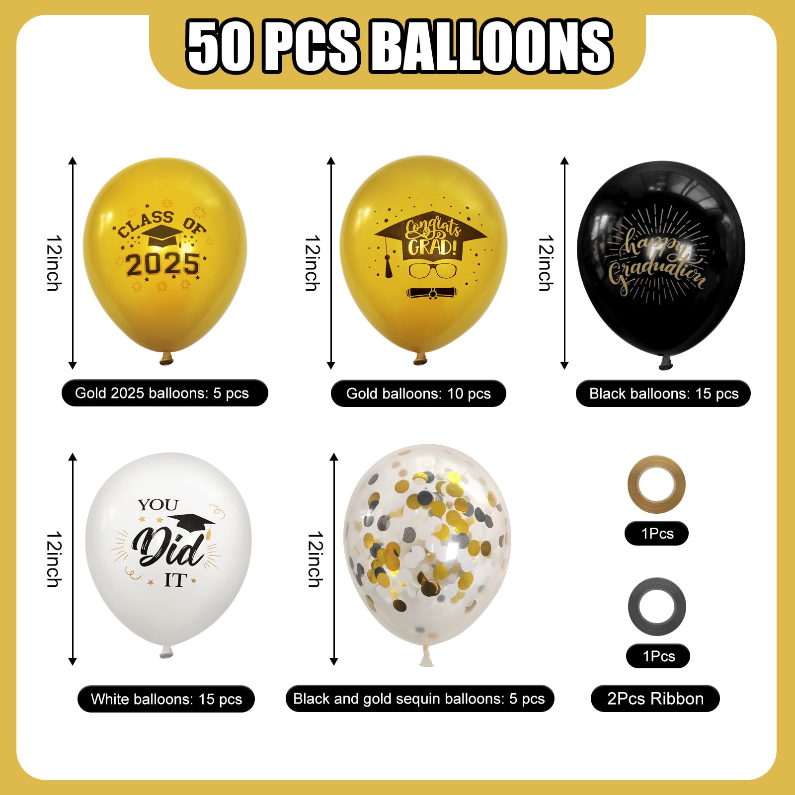 Msiveavz 50 Pack Graduation Balloons Set - Black Gold 12 Inch for 2025 Grad Party