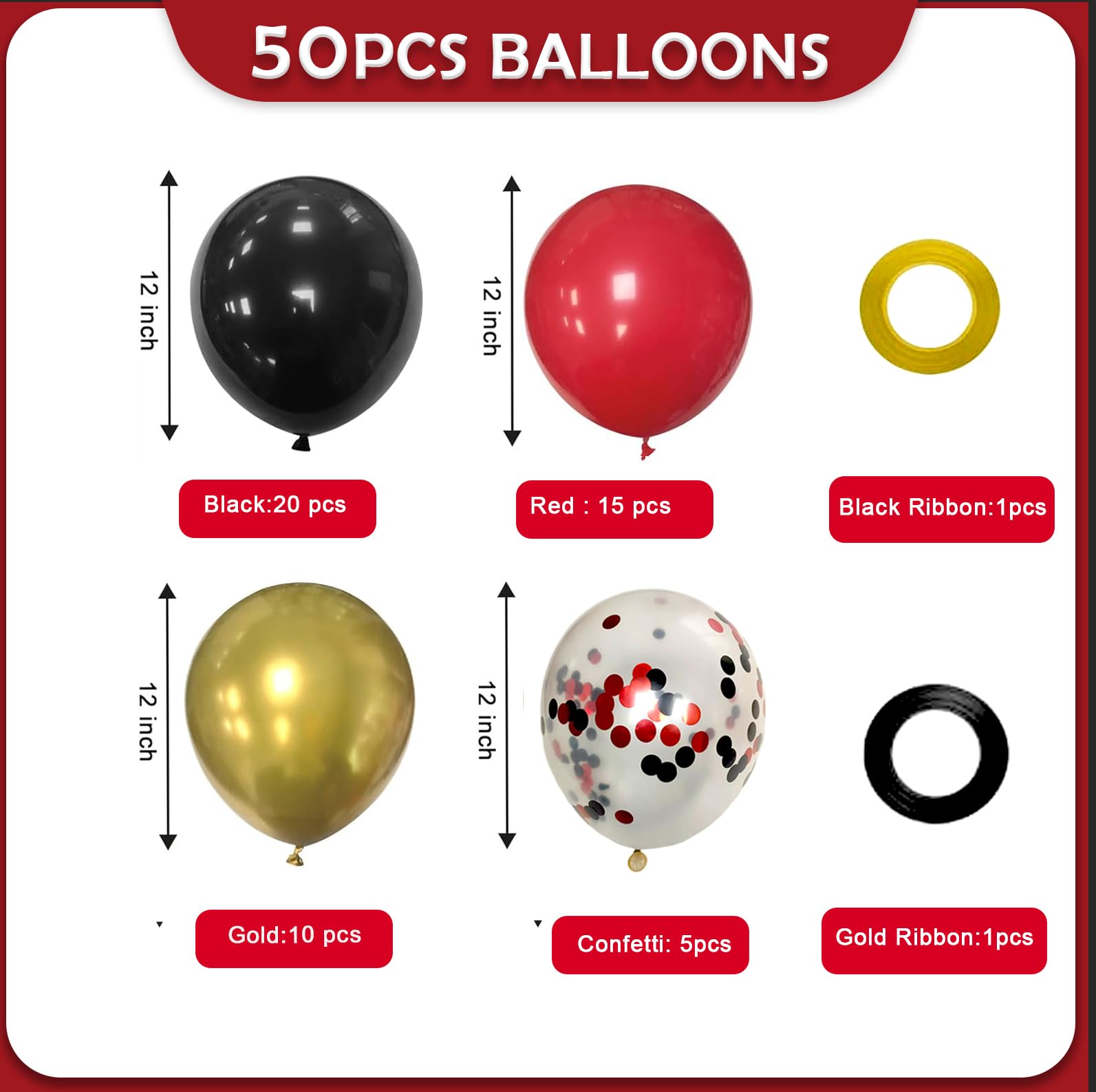 Msiveavz Red Black Gold Party Balloons – 50 Pcs 12 Inch Latex Set for Graduation, Weddings & More
