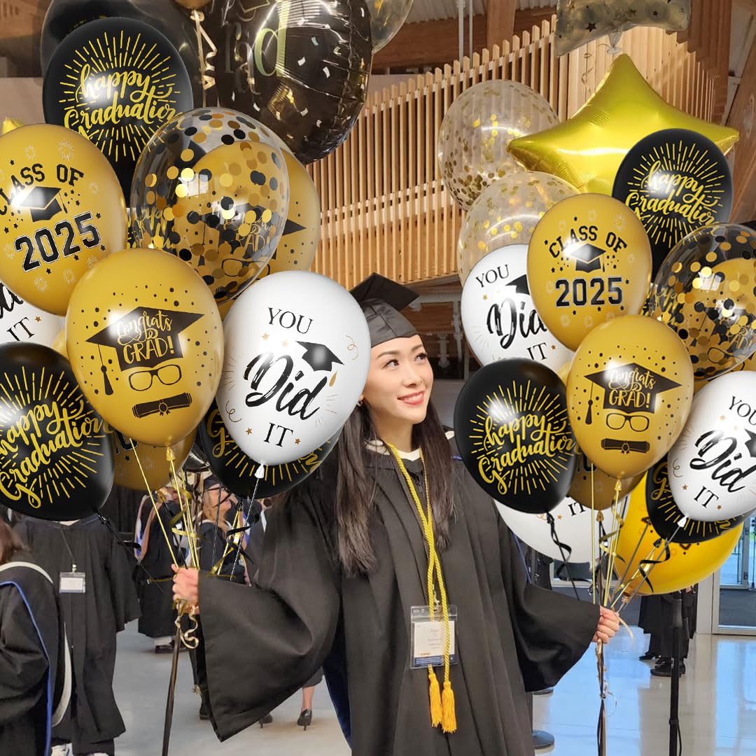 Msiveavz 50 Pack Graduation Balloons Set - Black Gold 12 Inch for 2025 Grad Party