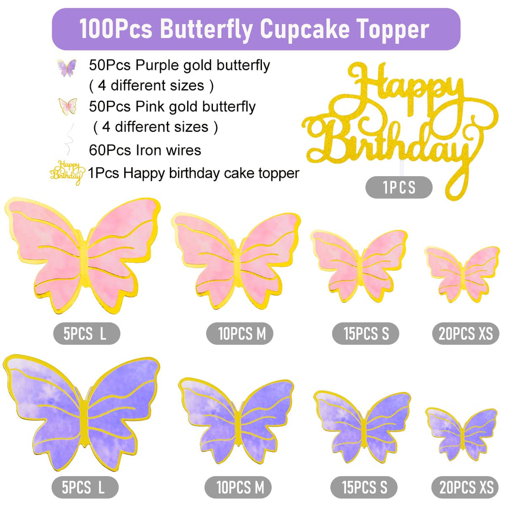 Naiircool 100Pcs Butterfly Cake Toppers – 3D Pink Purple Gold, Cake Decorations
