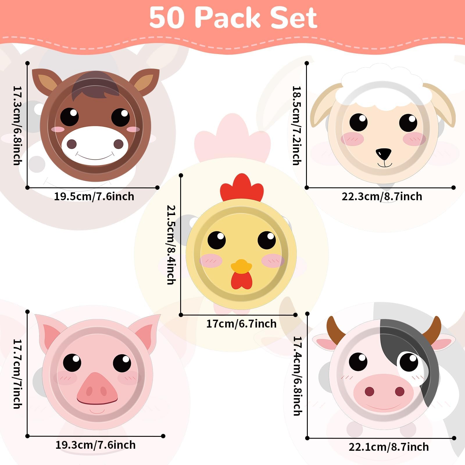 Naozinebi 50 Count Farm Animal Party Plates — Farmhouse Shaped Disposable Tableware