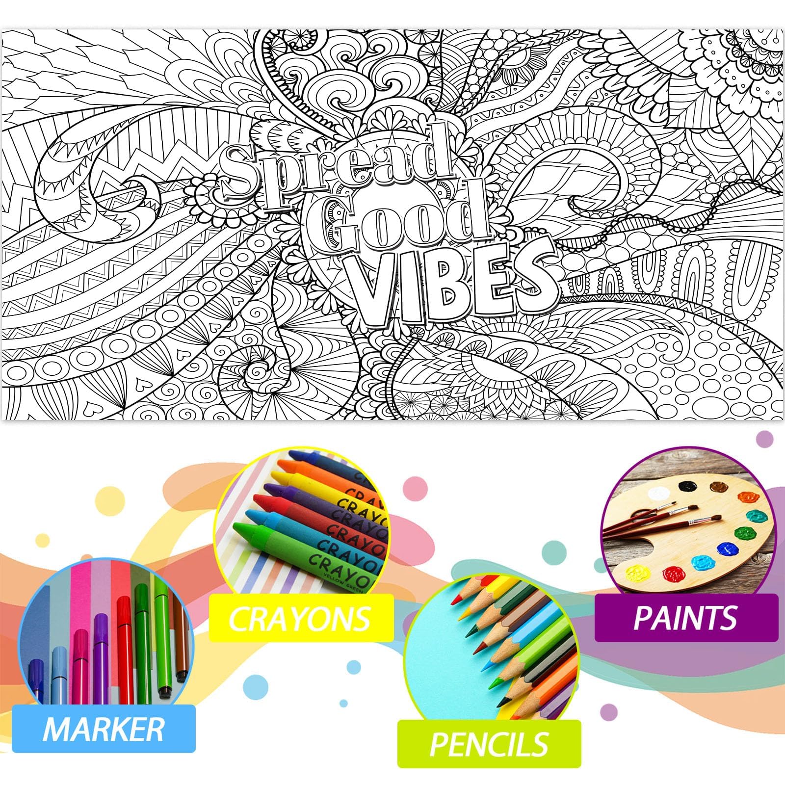 Naozinebi Giant Mandala Coloring Posters — Large Motivational Coloring Tablecloth for All Ages