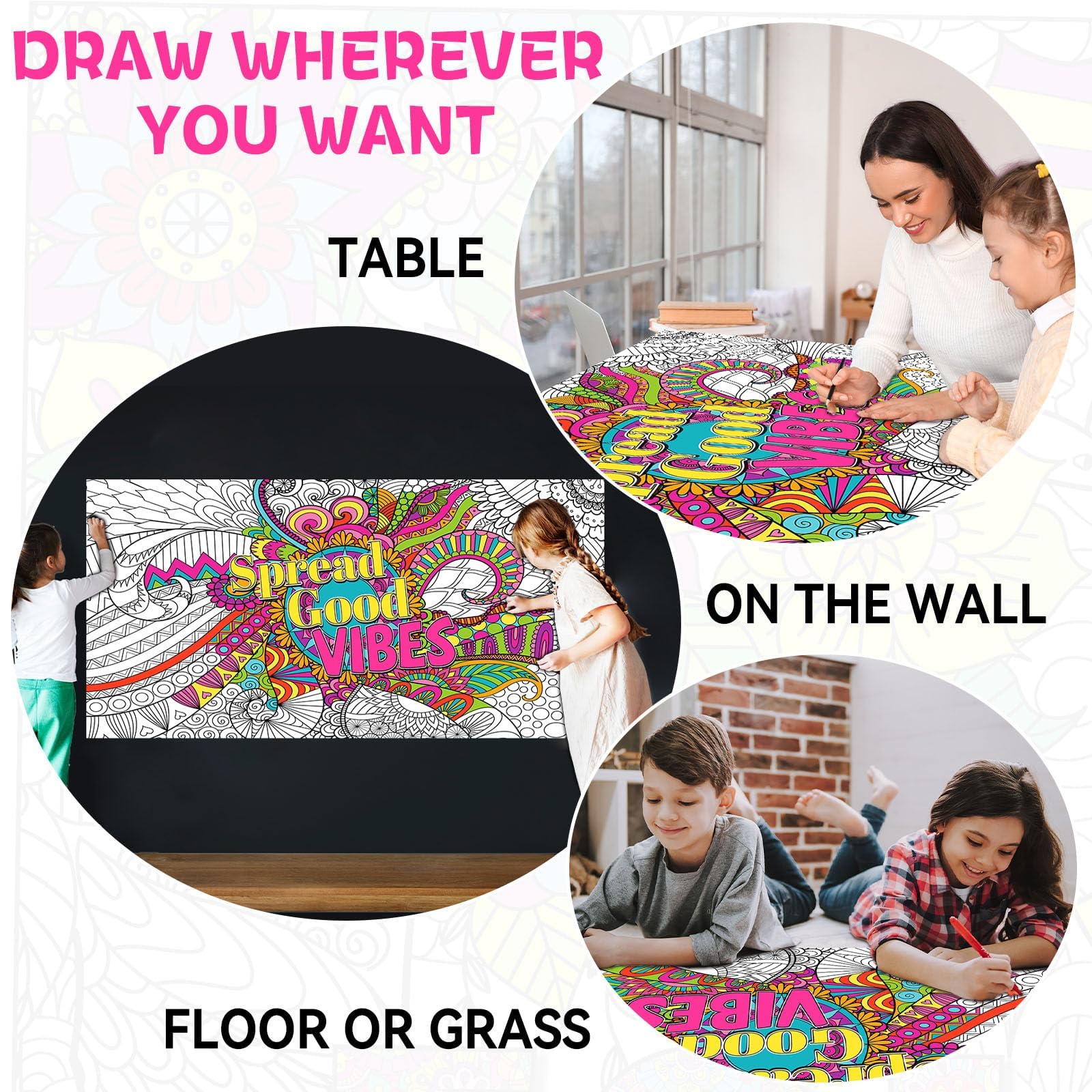Naozinebi Giant Mandala Coloring Posters — Large Motivational Coloring Tablecloth for All Ages