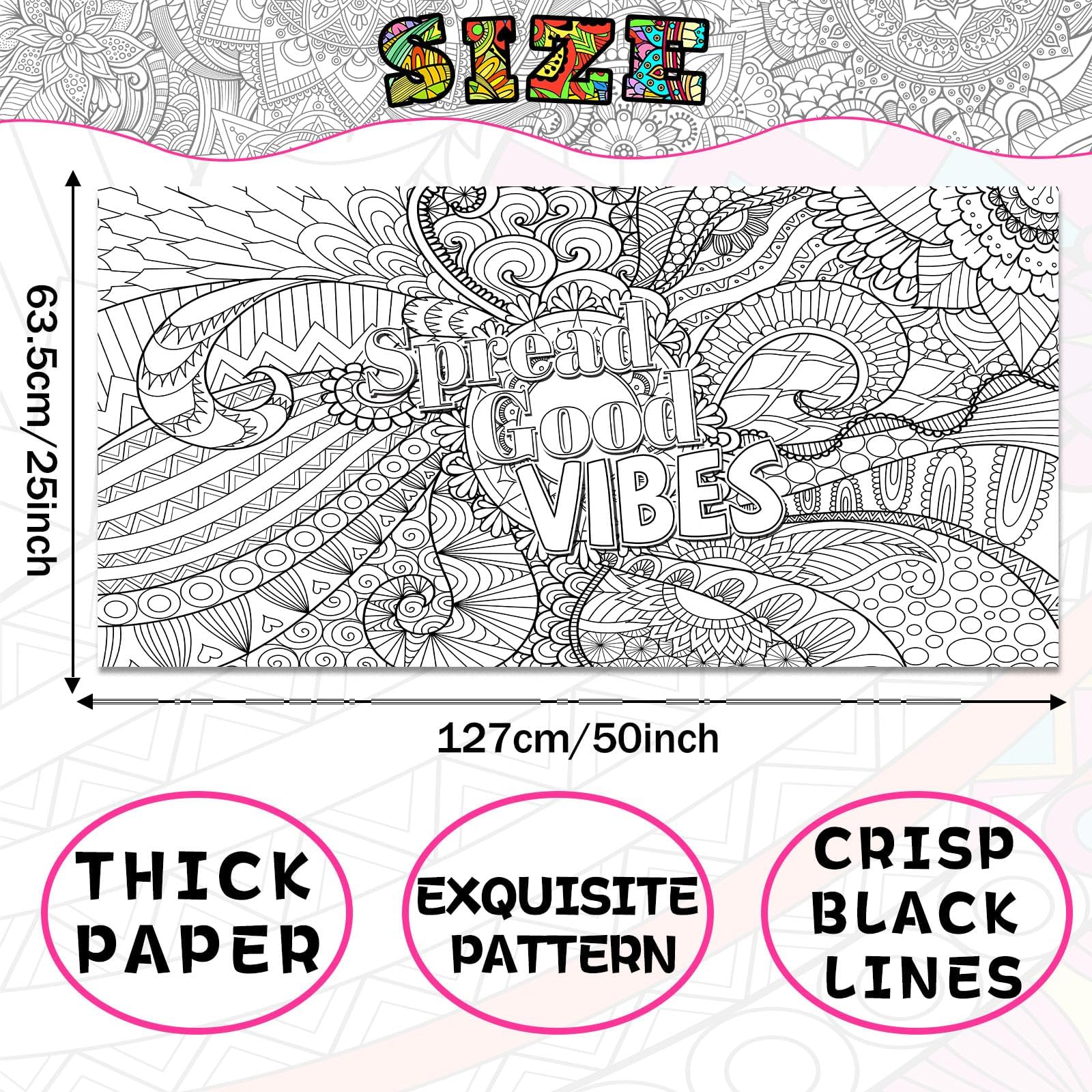Naozinebi Giant Mandala Coloring Posters — Large Motivational Coloring Tablecloth for All Ages