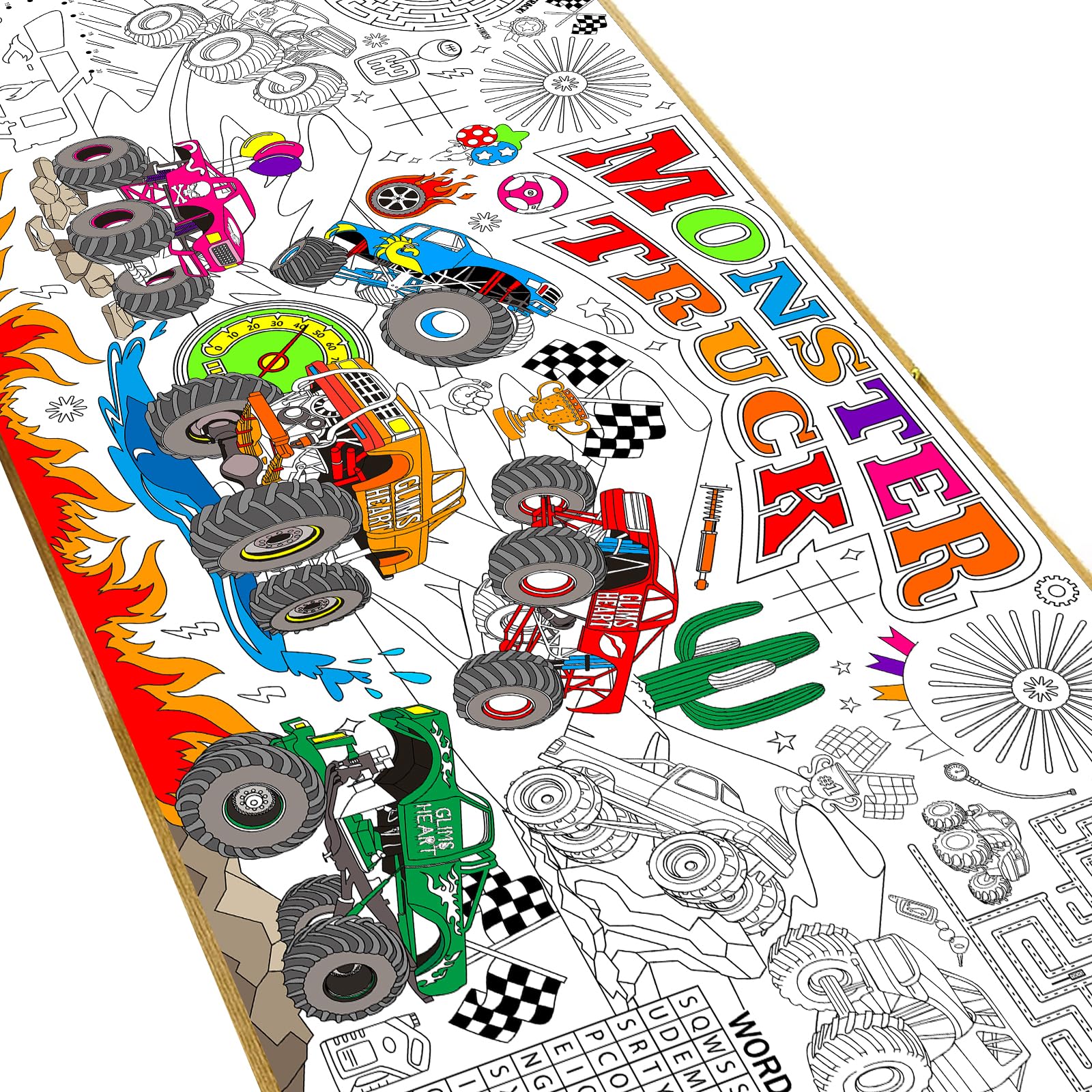 Naozinebi Monster Trucks Coloring Poster – Giant 80x180 cm Coloring Tablecloth for Classrooms & Parties