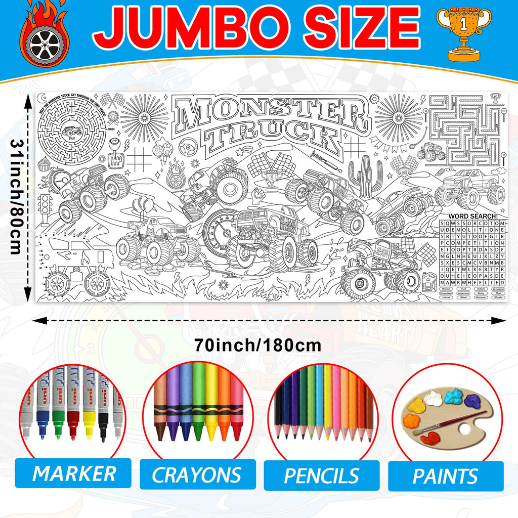 Naozinebi Monster Trucks Coloring Poster – Giant 80x180 cm Coloring Tablecloth for Classrooms & Parties