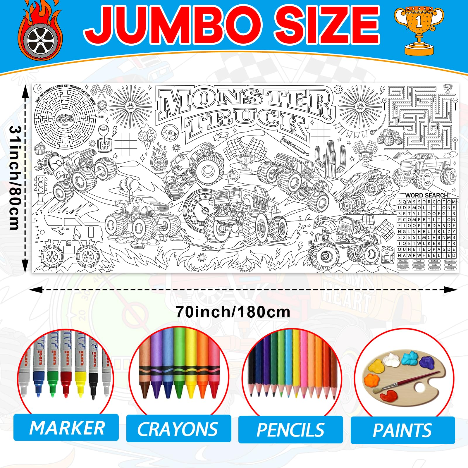 Naozinebi Monster Trucks Coloring Poster – Giant 80x180 cm Coloring Tablecloth for Classrooms & Parties