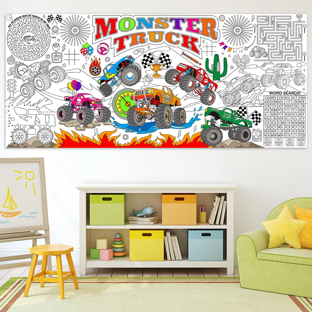 Naozinebi Monster Trucks Coloring Poster – Giant 80x180 cm Coloring Tablecloth for Classrooms & Parties