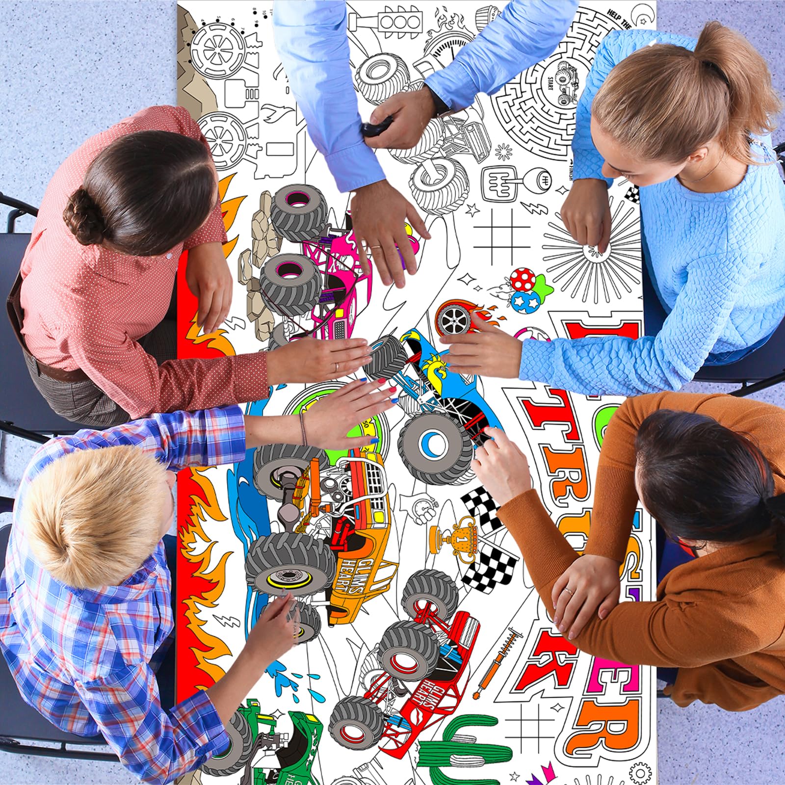 Naozinebi Monster Trucks Coloring Poster – Giant 80x180 cm Coloring Tablecloth for Classrooms & Parties