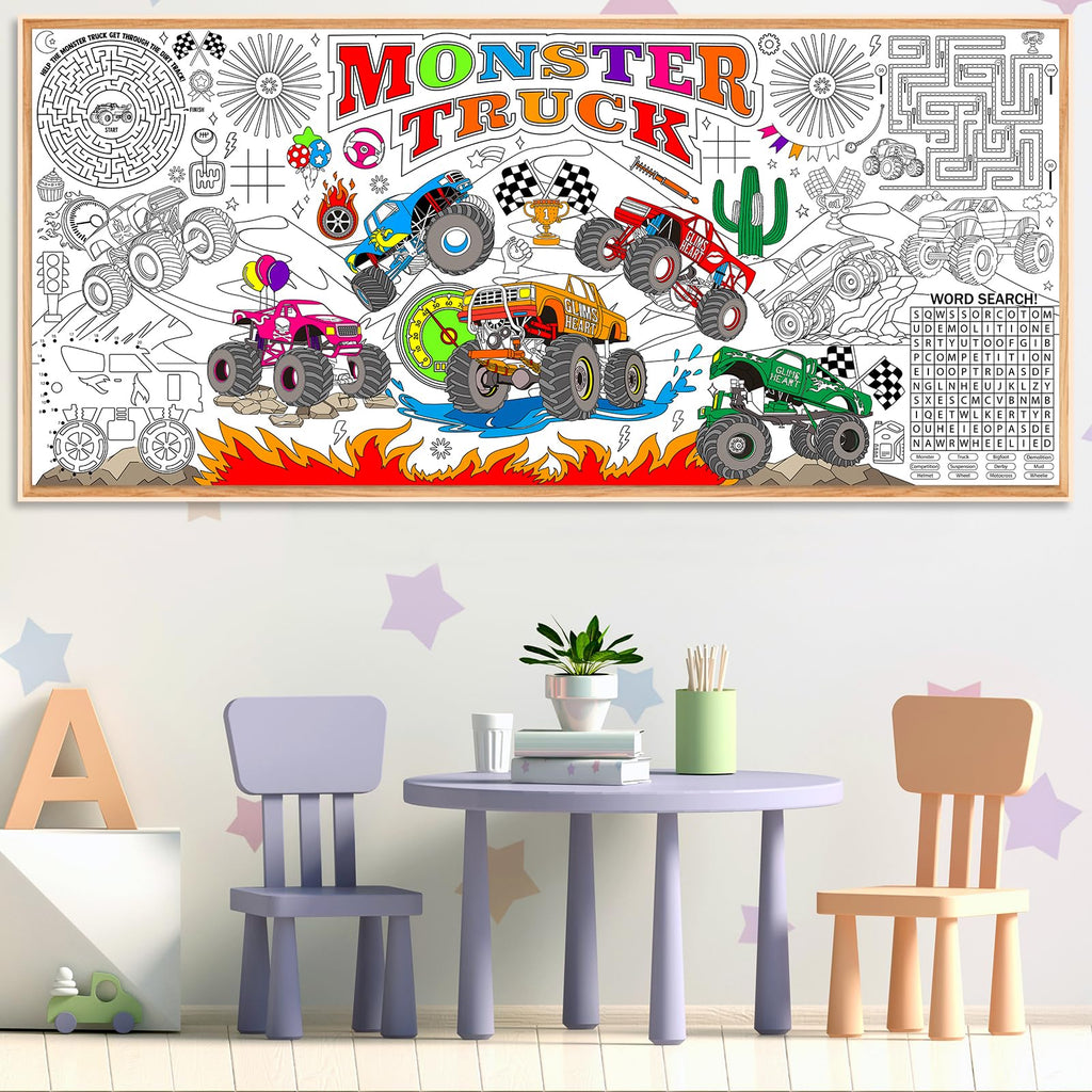 Naozinebi Monster Trucks Coloring Poster – Giant 80x180 cm Coloring Tablecloth for Classrooms & Parties