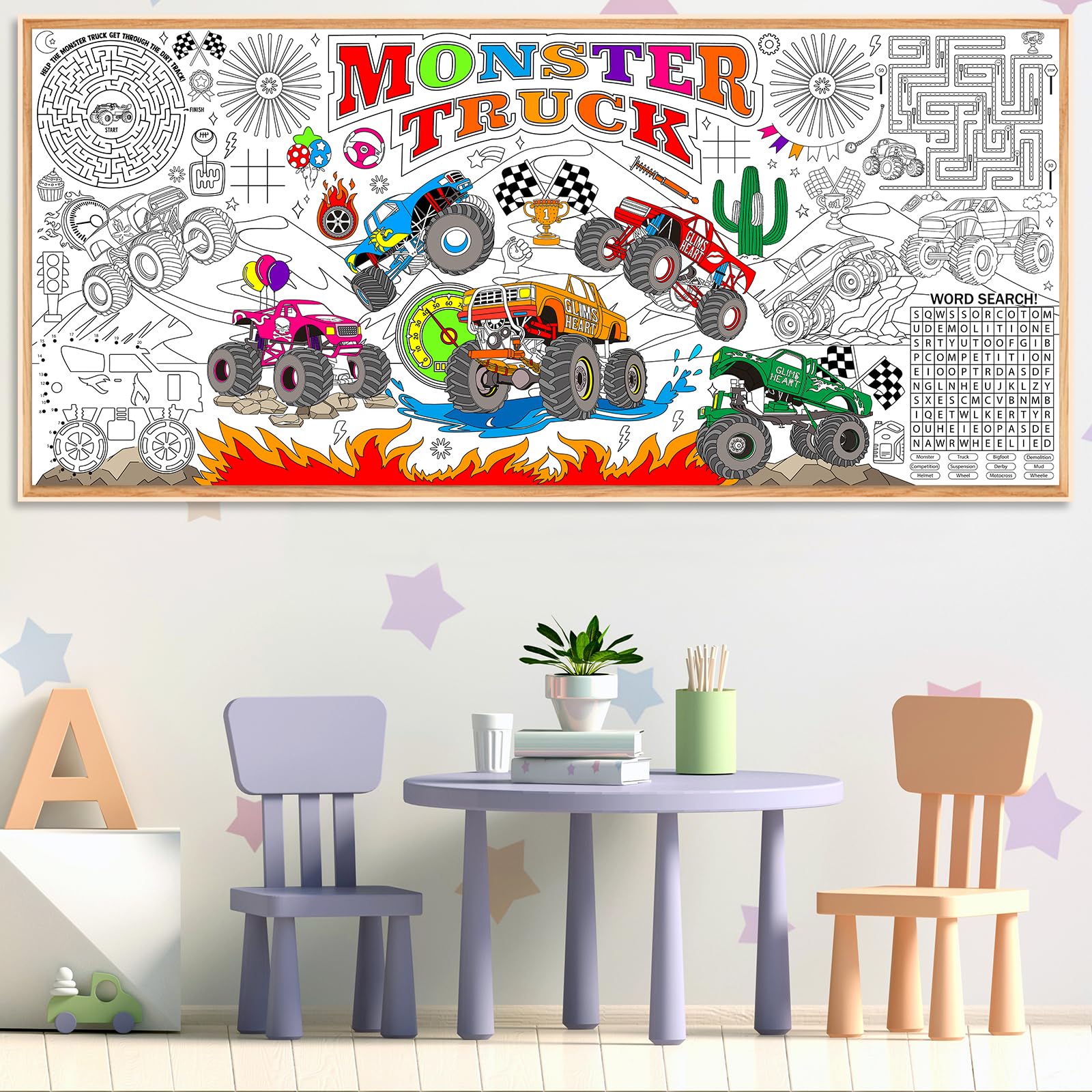 Naozinebi Monster Trucks Coloring Poster – Giant 80x180 cm Coloring Tablecloth for Classrooms & Parties