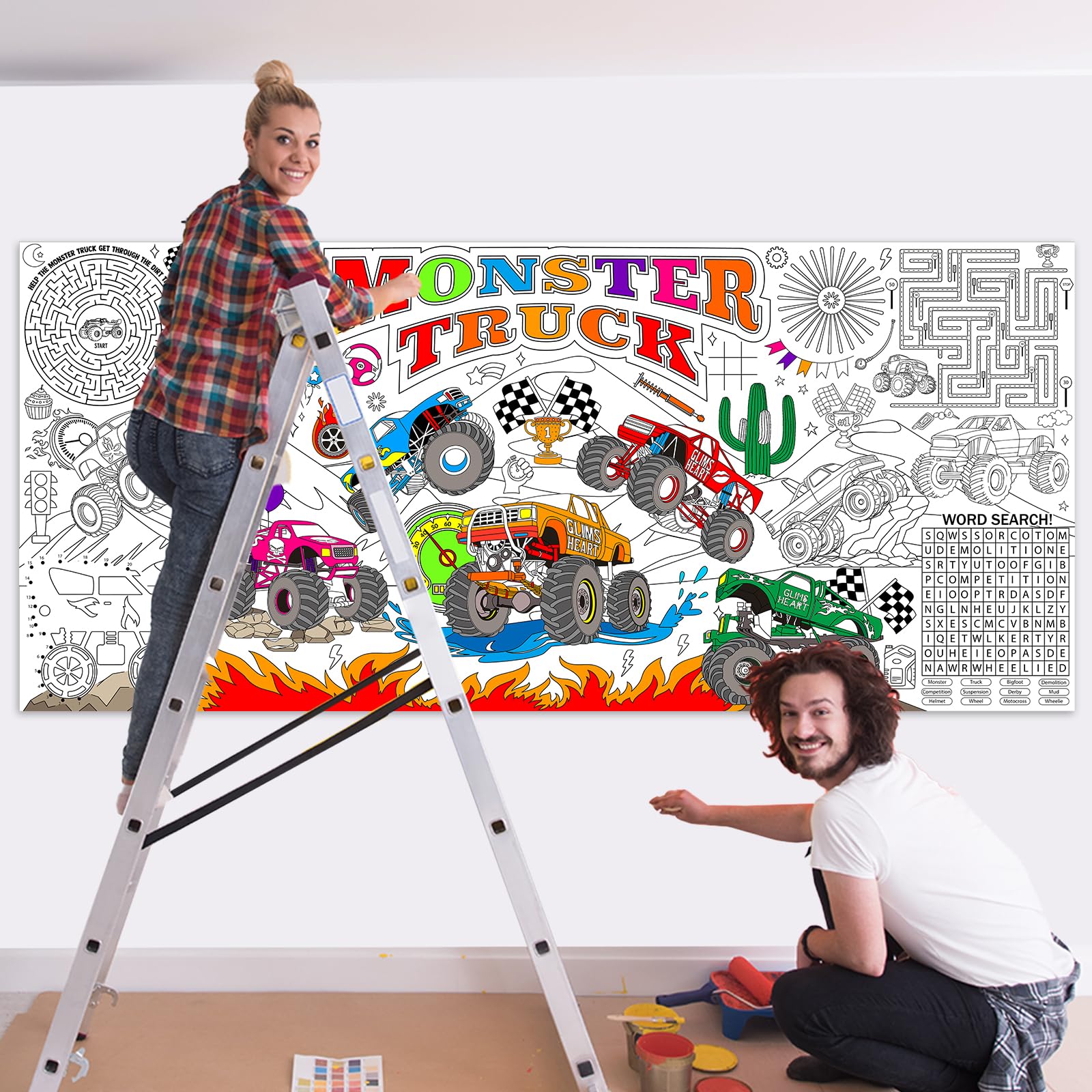 Naozinebi Monster Trucks Coloring Poster – Giant 80x180 cm Coloring Tablecloth for Classrooms & Parties