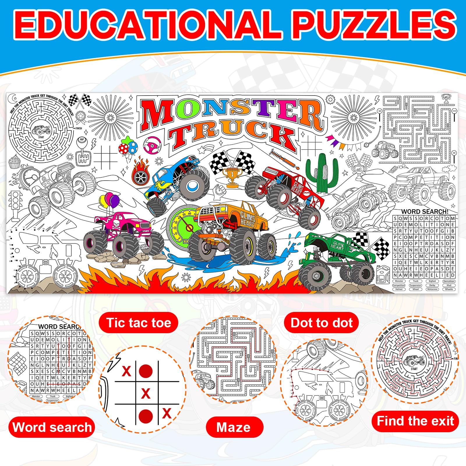 Naozinebi Monster Trucks Coloring Poster – Giant 80x180 cm Coloring Tablecloth for Classrooms & Parties