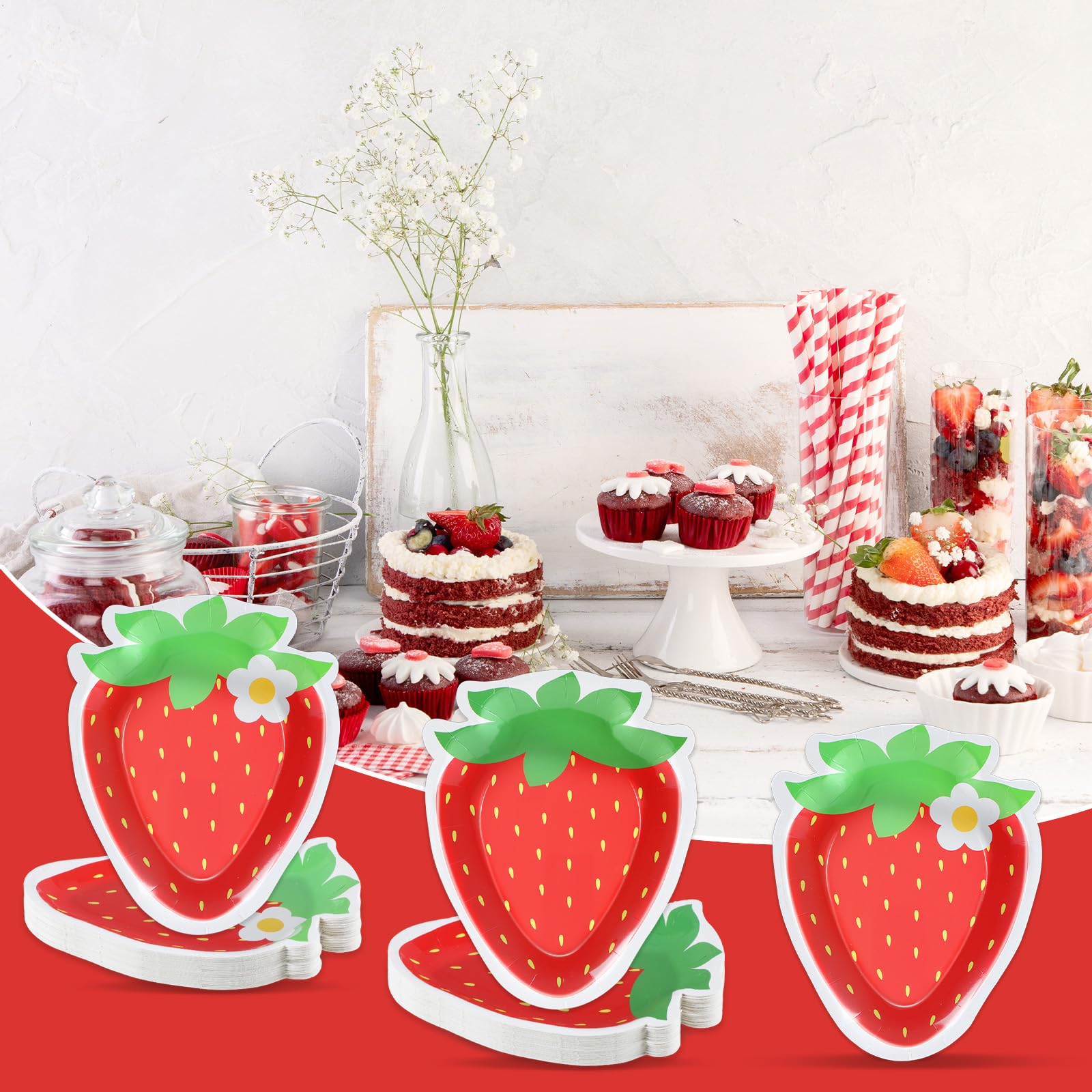 Naozinebi 50 Count Strawberry Party Plates – Strawberry Theme Disposable Dinnerware