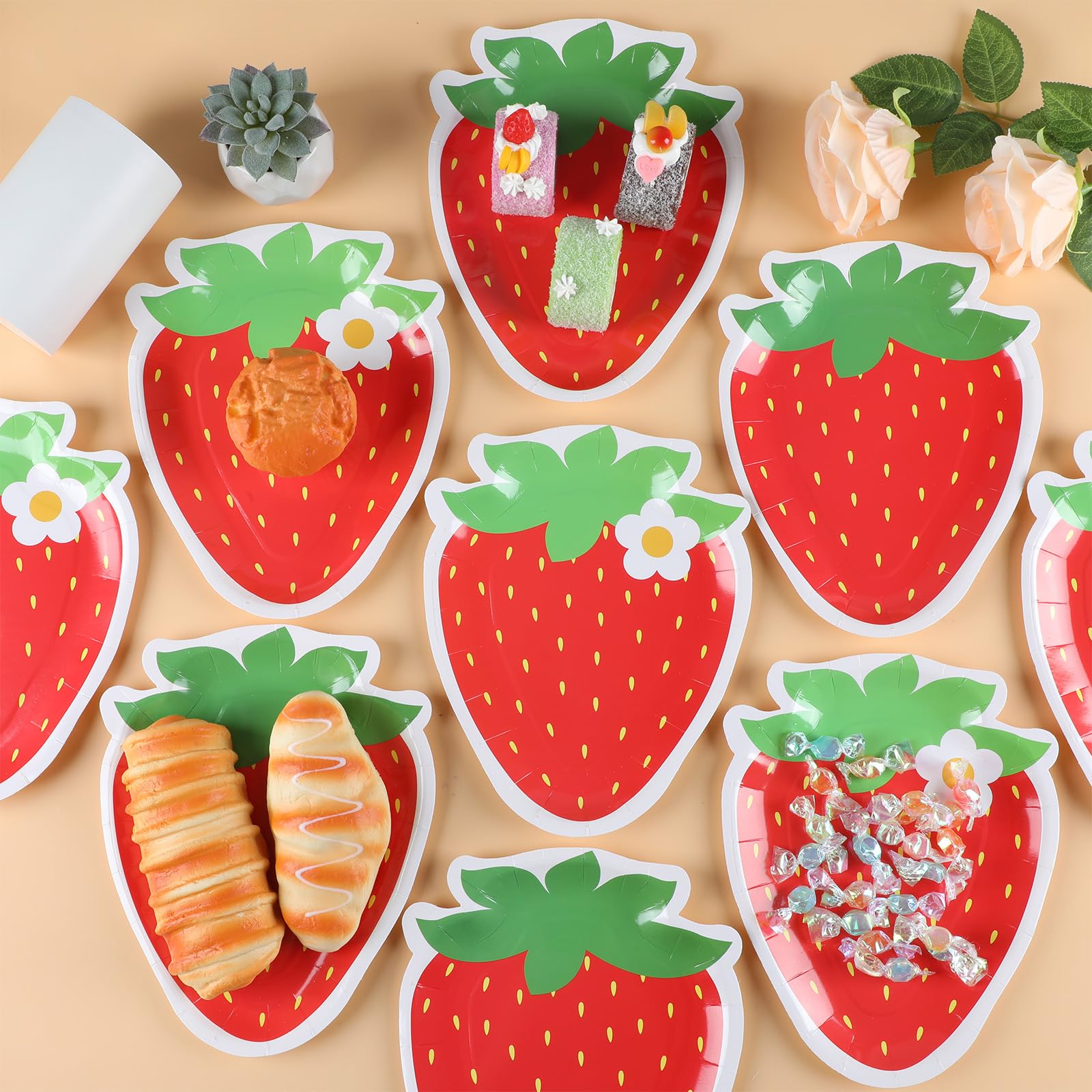 Naozinebi 50 Count Strawberry Party Plates – Strawberry Theme Disposable Dinnerware