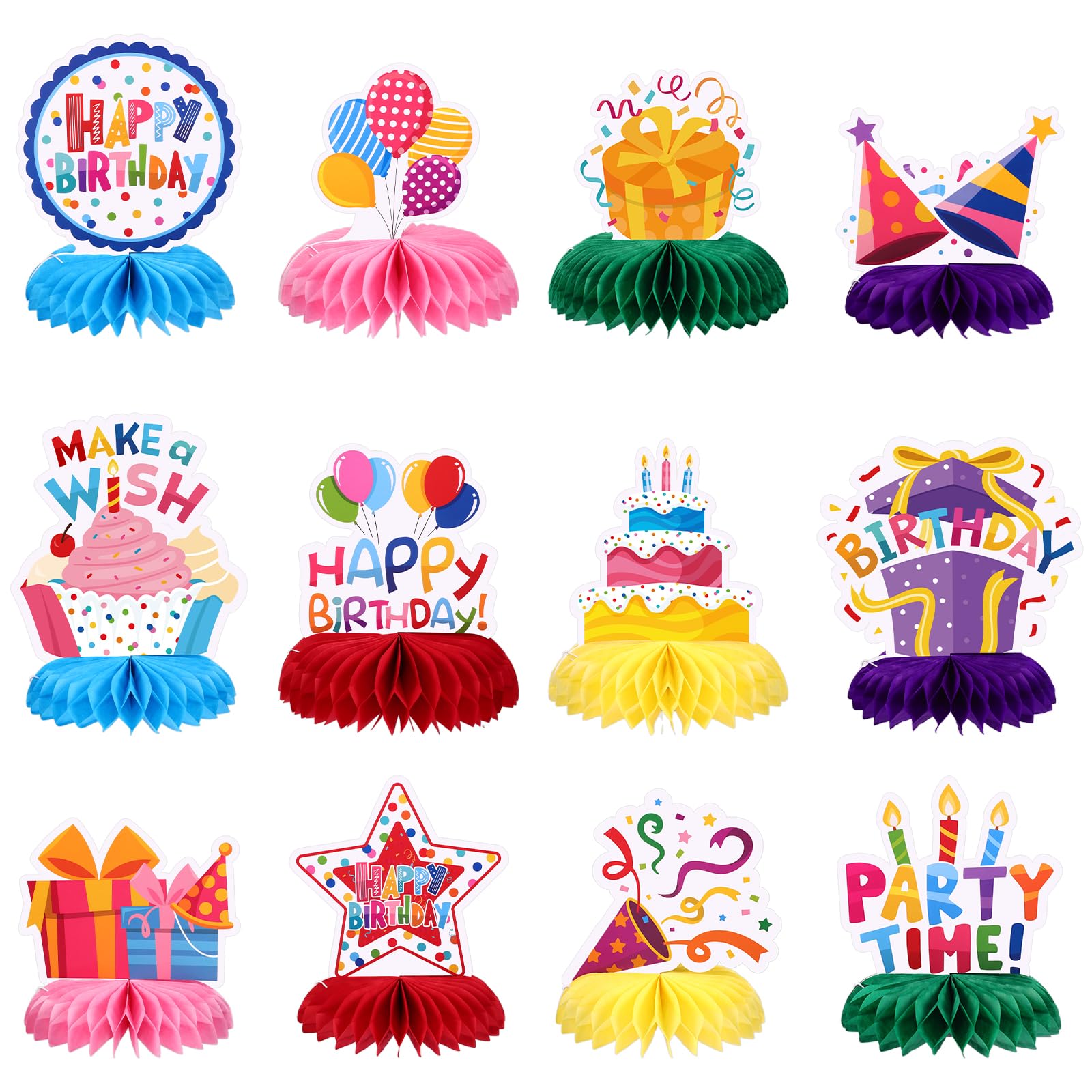 NatNarr 12 Pieces Birthday Table Decorations - Colorful Honeycomb Centerpieces & Table Toppers for Kids Parties
