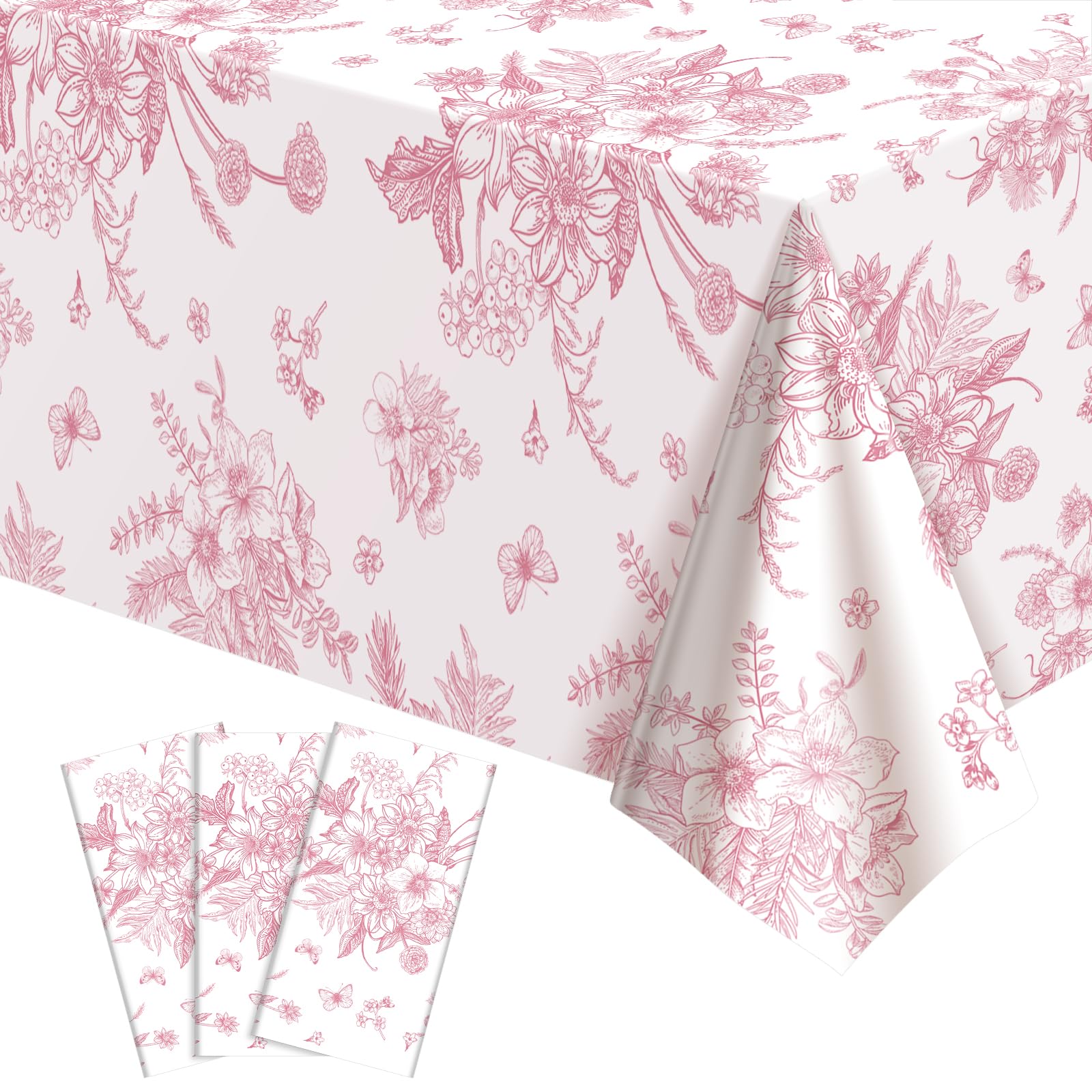 NatNarr 3 Pack Pink Floral Tablecloths – 54x108 in Disposable Vintage Table Cover