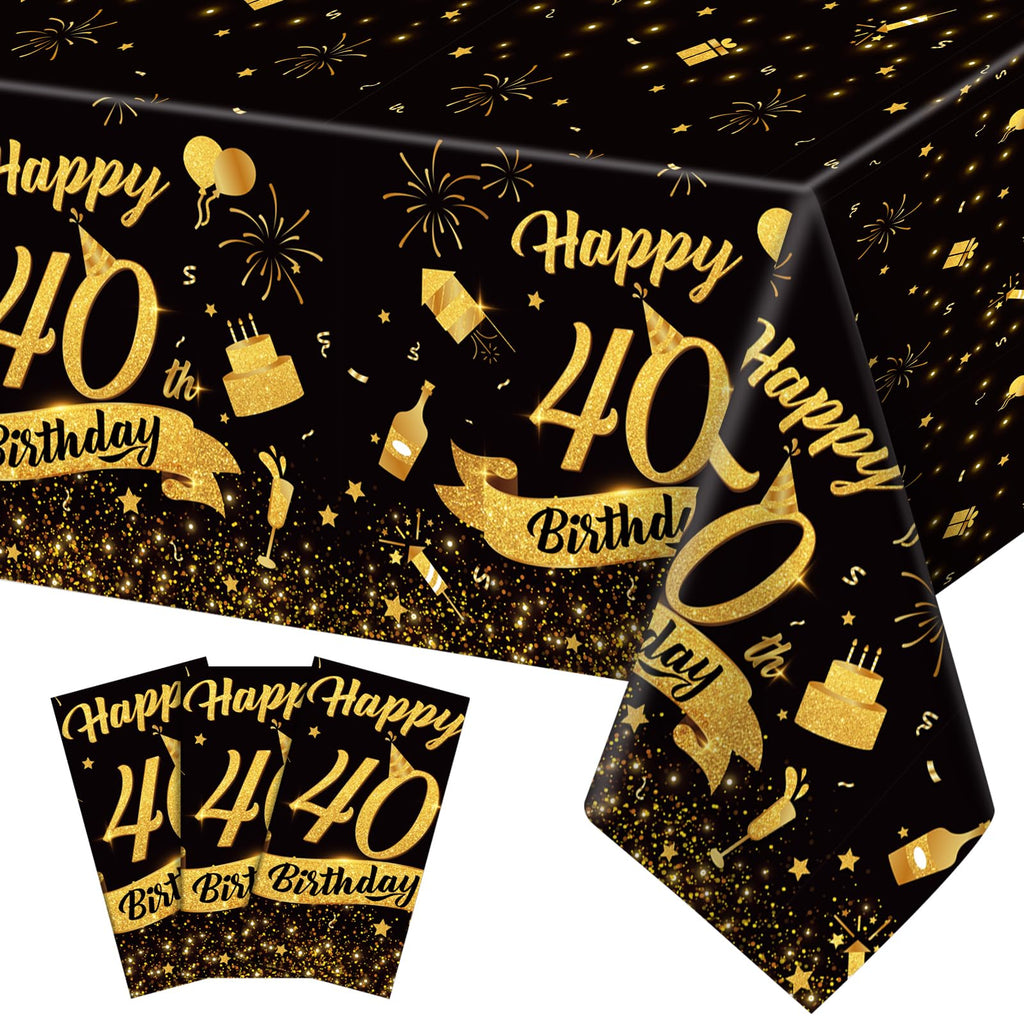 NatNarr 3 Pack 40th Birthday Tablecloth – 54x108 in Black Gold Disposable Rectangular Cover