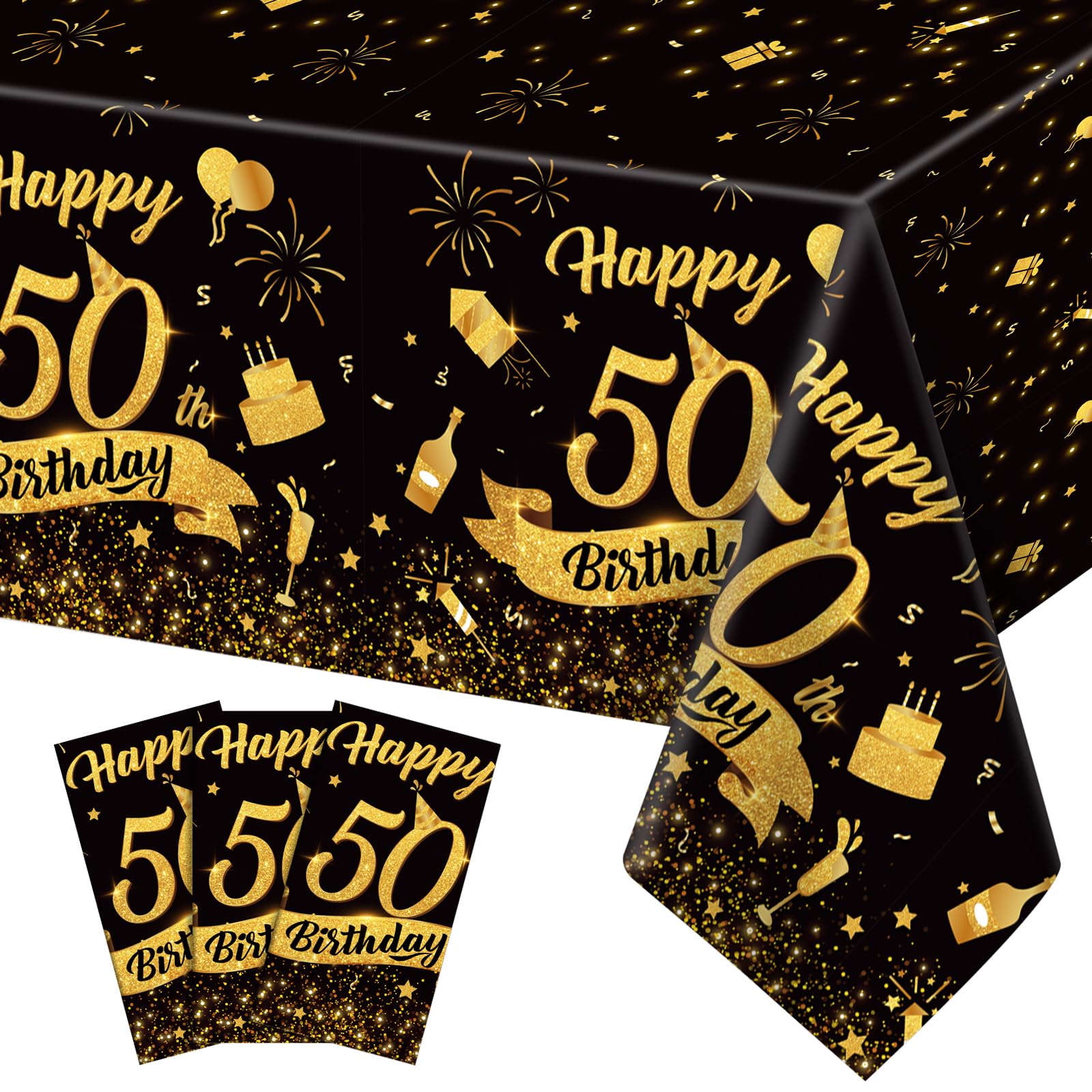 NatNarr 3 Pack 54x108 Inch Black Gold Disposable Tablecloths – Waterproof Rectangle Cover for 50th Birthday Parties
