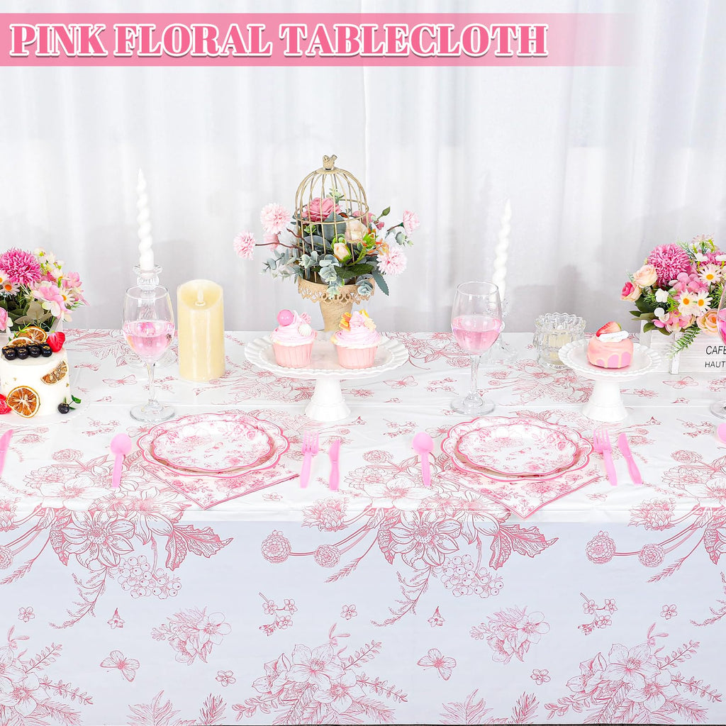 NatNarr 3 Pack Pink Floral Tablecloths – 54x108 in Disposable Vintage Table Cover