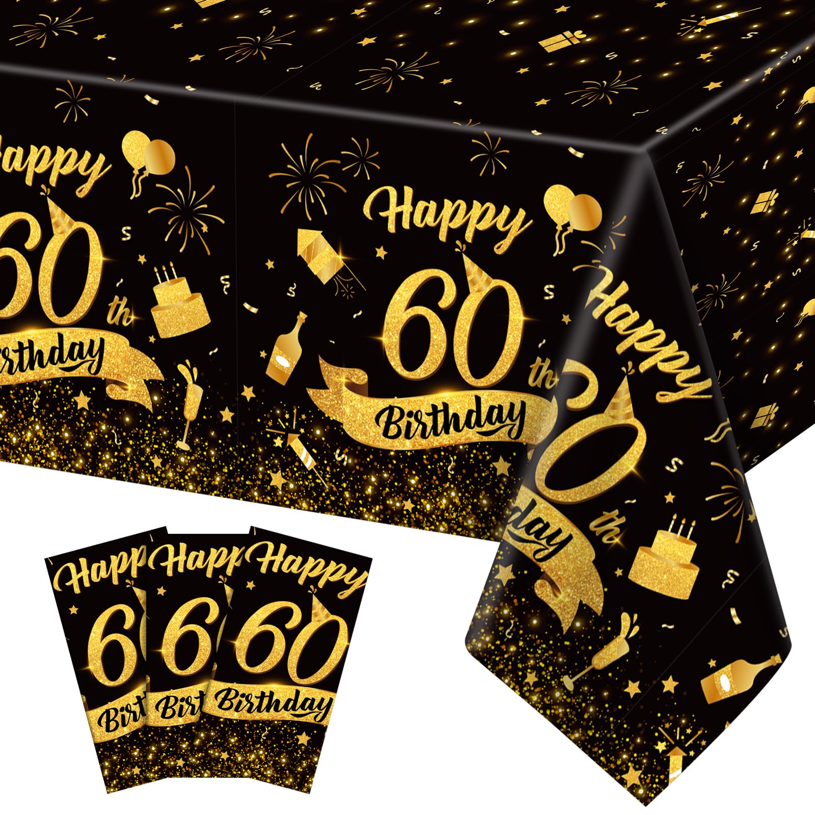 NatNarr 3-Pack 54x108 Black Gold 60th Birthday Tablecloth – Disposable Rectangle