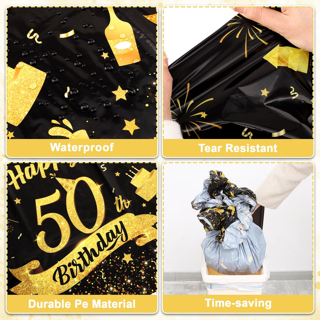NatNarr 3 Pack 54x108 Inch Black Gold Disposable Tablecloths – Waterproof Rectangle Cover for 50th Birthday Parties
