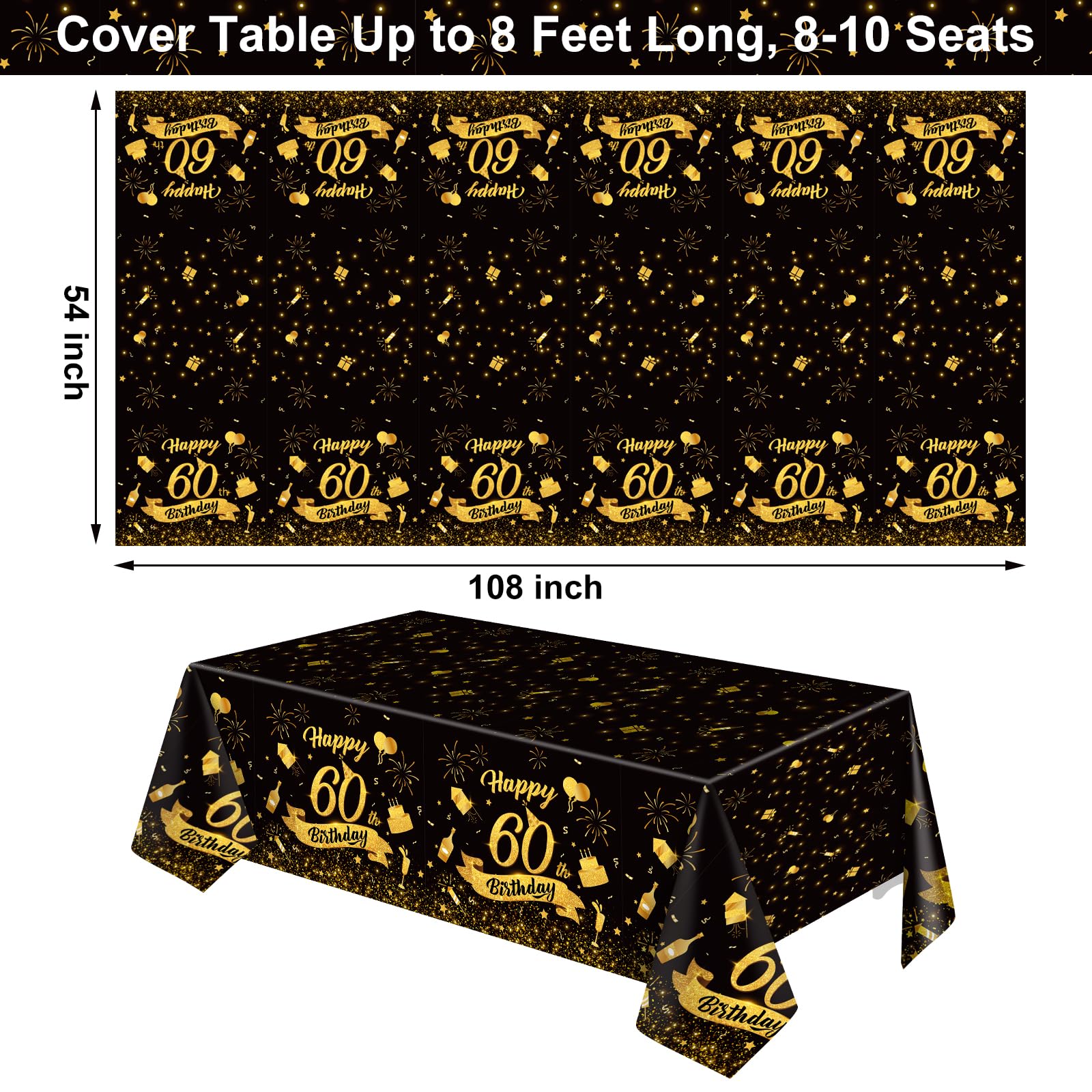 NatNarr 3-Pack 54x108 Black Gold 60th Birthday Tablecloth – Disposable Rectangle