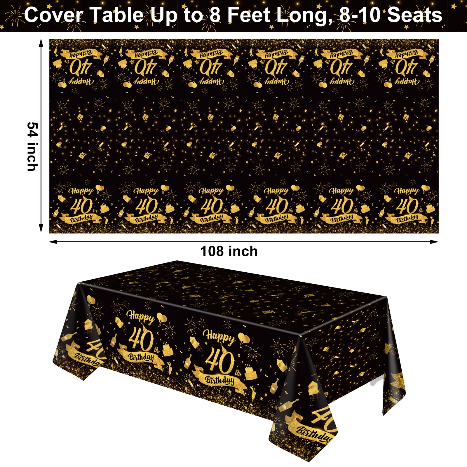 NatNarr 3 Pack 40th Birthday Tablecloth – 54x108 in Black Gold Disposable Rectangular Cover