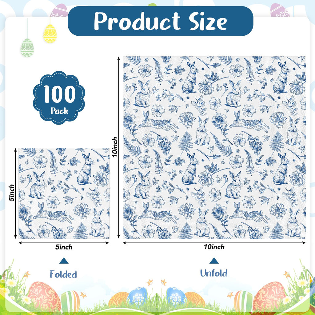 NatNarr 100 Pcs Easter Napkins – Blue Bunny Chinoiserie, Folded 5x5in