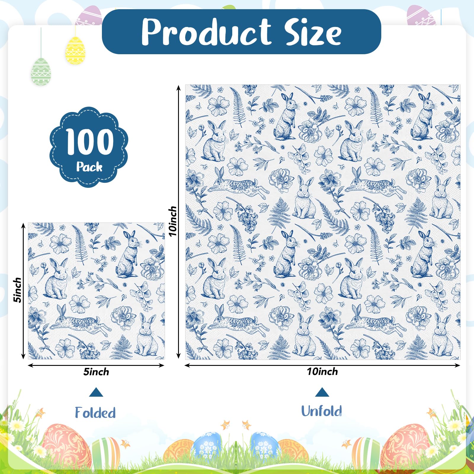NatNarr 100 Pcs Easter Napkins – Blue Bunny Chinoiserie, Folded 5x5in